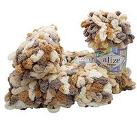 Alize Puffy Color 5 x 100 Gramm Strickwolle, 500 Gramm Fingerstrick - Wolle Mehrfarbig super Bulky, Schlaufenwolle, Stricken ohne Nadel (Taupe beige Creme 5926)