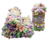 Alize Puffy Colour 5 x 100 g Knitting Wool, 500 g Finger Knit, Wool Multicoloured, Super Bulky, Loop Wool, Knitting without Needle (Green, Lilac, Apricot 5938)