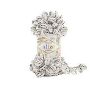 Alize Puffy Uni Knitting Yarn 500 g for Beginners, Colour: 686 White / Black