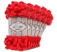 Alize Puffy Wool Chenille Loop Wool, 5 x 100 g, Crochet and Knit without Tools, Clothing, Accessories, Blankets, Rugs (56 | Red)
