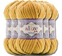 Alize Velluto 5 x 100 g Super Bulky Turkish Wool, XXL Ball for Amigurumi, Soft, Baby Wool, for Crochet and Knitting (Mustard - 2)