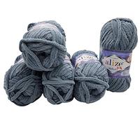 Alize Velluto Knitting Wool, 5 x 500 g Super Soft Bulky Knitting Wool, Baby Wool, 5 Balls (Dark Grey 87)