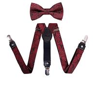 Alizeal Boys Adjustable Floral Paisley Pre-tied Bow Tie and Y Shape 3 Clips Braces Set, Maroon