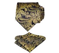 Alizeal Handmade Paisley Floral Tie with Pocket Square Set, Black+Gold
