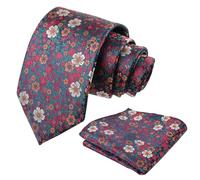 Alizeal Mens 2pc Floral Necktie and Pocket Square Set, Dark Green+Red