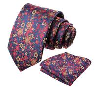 Alizeal Mens 2pc Floral Necktie and Pocket Square Set, Navy+Red+Orange