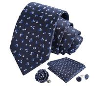 Alizeal Mens 4PCs Floral Tie Hanky Cufflinks Lapel Pin, Navy Blue+White