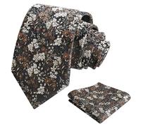 Alizeal Mens 8cm Colorful Floral Necktie and Pocket Square Classic Wedding Tie and Hanky Set, Black+Brown