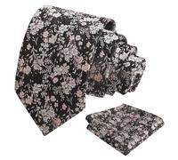 Alizeal Mens 8cm Colorful Floral Necktie and Pocket Square Classic Wedding Tie and Hanky Set, Black+Pink