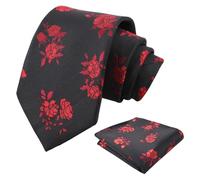 Alizeal Mens 8cm Floral Necktie with Hanky Classic Fashion Business Tie and Handkerchief Set, Black+Red