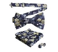 Alizeal Mens Bow Tie, Pocket Square and Cufflinks Set, Navy Blue+Yellow