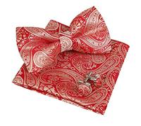 Alizeal Mens Classic Paisley Jacquard Bow Tie, Hanky and Cufflinks Set, Red Gold