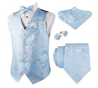 Alizeal Mens Floral Jacquard 5Pc Vest Set Necktie Pocket Square Bow Tie Cufflinks and Soft Leaf Scroll Waistcoat Set for Causal Wedding Party, Baby Blue-S