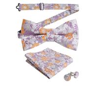 Alizeal Mens Floral Pattern Pre-tied Bow Tie, Pocket Square and Cufflinks Set, Lavender+Orange