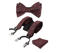 Alizeal Mens Floral Patterned Classic Colorful Self Tied Bow Tie, Hanky and Y Shape Adjustable 6 Clips Braces Set, Orange+Maroon