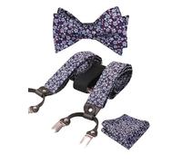 Alizeal Mens Floral Patterned Classic Colorful Self Tied Bow Tie, Hanky and Y Shape Adjustable 6 Clips Braces Set, Navy+Purple