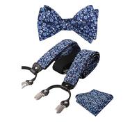 Alizeal Mens Floral Patterned Classic Colorful Self Tied Bow Tie, Hanky and Y Shape Adjustable 6 Clips Braces Set, Navy+White