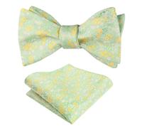 Alizeal Mens Floral Patterned Colorful Classic Self Tied Bow Tie and Pocket Square Set, Light Green+Yellow