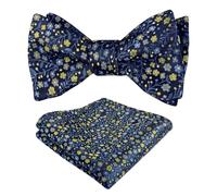 Alizeal Mens Floral Patterned Colorful Classic Self Tied Bow Tie and Pocket Square Set, Navy Blue+Yellow