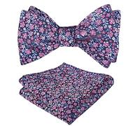 Alizeal Mens Floral Patterned Colorful Classic Self Tied Bow Tie and Pocket Square Set, Navy+Hot Pink