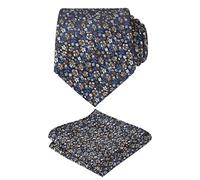 Alizeal Mens Floral Patterned Wedding Party Tie with Pocket Square 8cm Colorful Classic Business Tie Set, Navy+Brown