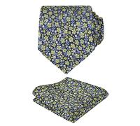 Alizeal Mens Floral Patterned Wedding Party Tie with Pocket Square 8cm Colorful Classic Business Tie Set, Navy+Yellow