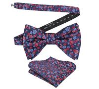 Alizeal Mens Floral Print Pre-tied Dickie Bow Tie and Hanky Set for Formal Causal Wedding Business Party Accessories, Navy+Red