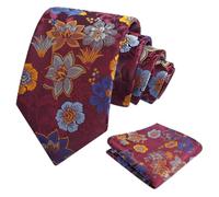 Alizeal Mens Flower Pattern Tie and Pocket Square Classic Casual for Party Wedding Necktie and Hanky Set, Burgundy+Orange