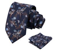 Alizeal Mens Flower Ties for Men with Handkerchief Floral Butterfly Patterned Classic Elegant Wedding Party Necktie Set, Navy Blue+Brown