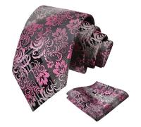 Alizeal Mens Gradient Floral Patterned Tie and Handkerchief Classic Retro for Wedding Party Casual Necktie Set, Black+Gray+Pink