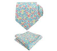 Alizeal Mens Light Colored Floral Necktie and Pocket Square Small Flower Colorful Wedding Party Tie Set, Green+Coral+Yellow