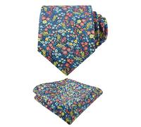 Alizeal Mens Light Colored Floral Necktie and Pocket Square Small Flower Colorful Wedding Party Tie Set, Peacock Blue+Coral+Yellow