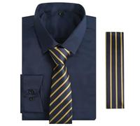 Alizeal Mens Long Sleeve Shirt and Necktie Set Formal Casual Business Wedding Button Down Dress Shirt and Tie Set, Navy-Yellow Stripe-2XL