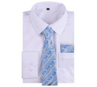 Alizeal Mens Long Sleeve Shirt and Necktie Set Formal Casual Business Wedding Button Down Dress Shirt and Tie Set, White-Blue-L