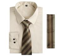 Alizeal Mens Long Sleeve Shirt Necktie & Pocket Square Set Formal Casual Business Wedding Button Down Dress Shirt Set, Khaki-Brown-M