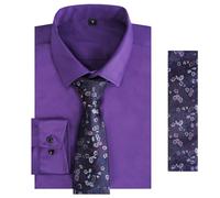 Alizeal Mens Long Sleeve Shirt Necktie & Pocket Square Set Formal Casual Business Wedding Button Down Dress Shirt Set, Purple-S