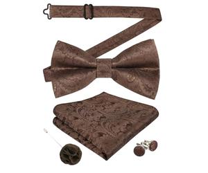 Alizeal Mens Paisley Bow Tie Hanky Cufflinks Lapel Pin Set, Brown