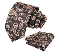 Alizeal Mens Paisley Jacquard Necktie and Hanky Set for Party Wedding Retro Tie and Pocket Square Set, Black+Khaki