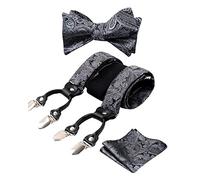 Alizeal Mens Self-Tied Adjustable Floral Paisley Bow Tie, Pocket Square and Elastic Y Shape 6 Clips Braces Set, Gray