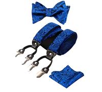 Alizeal Mens Self-Tied Adjustable Floral Paisley Bow Tie, Pocket Square and Elastic Y Shape 6 Clips Braces Set, Royal Blue