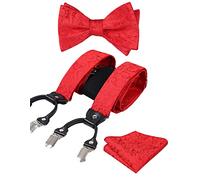 Alizeal Mens Self-Tied Adjustable Floral Paisley Bow Tie, Pocket Square and Elastic Y Shape 6 Clips Braces Set, Red