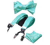 Alizeal Mens Self-Tied Adjustable Floral Paisley Bow Tie, Pocket Square and Elastic Y Shape 6 Clips Braces Set, Turquoise