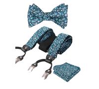 Alizeal Mens Self Tied Bow Tie, Hanky and Braces Set, Black+Teal+White