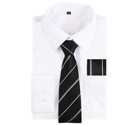 Alizeal Mens Shirt Necktie & Pocket Square Set, White+Black Stripe-M