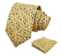 Alizeal Mens Small Floral Necktie Elegant Classic for Weddings Groom Party Novelty Flower Tie and Hanky Set, Yellow+Navy Blue
