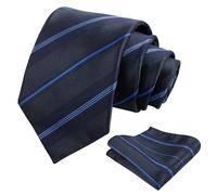 Alizeal Mens Solid Color Necktie Set Pocket Square and Cufflinks for Formal Party Proms Gift Necktie Set, Navy Blue Stripe