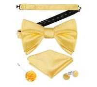Alizeal Mens Solid Pre-Tied Bow Tie 4PCS Set Pocket Square Cufflinks and Lapel Pin for Party Prom Elegant Gift Tie Set, Yellow