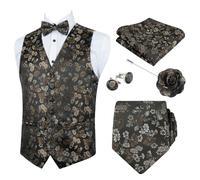 Alizeal Mens Suit Vest 6 Pcs Floral Patterned Necktie Bow Tie Hanky Cufflinks Lapel Pin Formal Casual Wedding Party Waistcoat Set, Black+Brown-S