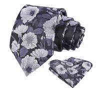Alizeal Mens Tie with Hanky Set Floral Silky for Wedding Party Necktie and Handkerchief Set, Black+Gray