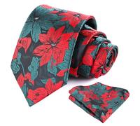 Alizeal Mens Tie with Hanky Set Floral Silky for Wedding Party Necktie and Handkerchief Set, Dark Green+Red
